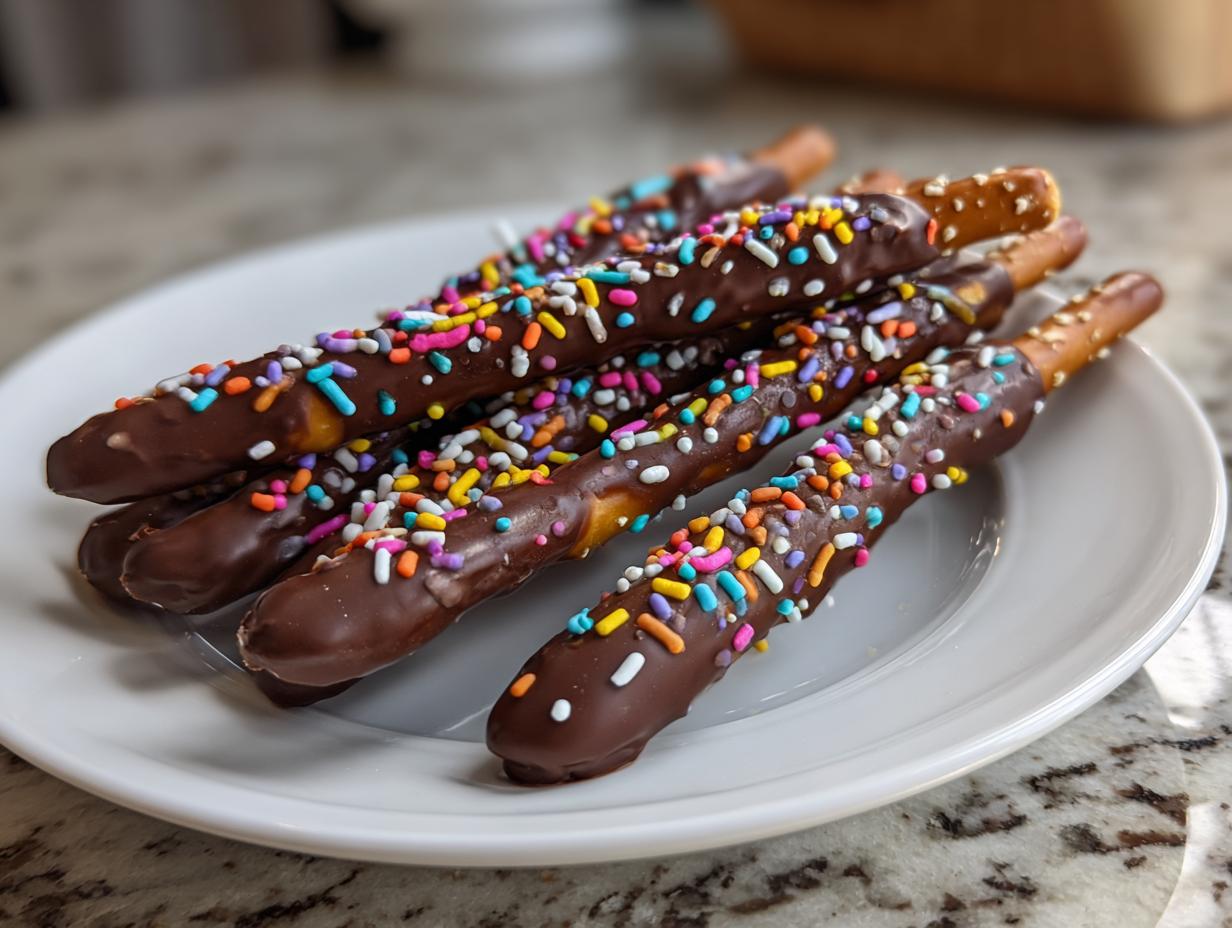 Pretzel sticks dipped in chocolate and decorated with colorful sprinkles on a white plate