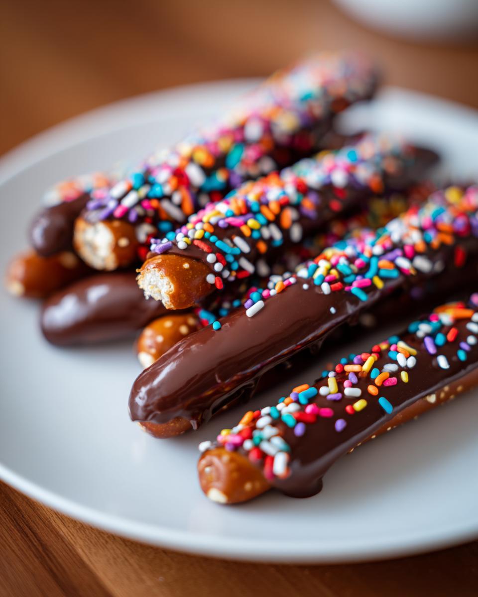 Pretzels dipped in chocolate and decorated with colorful sprinkles on a white plate.