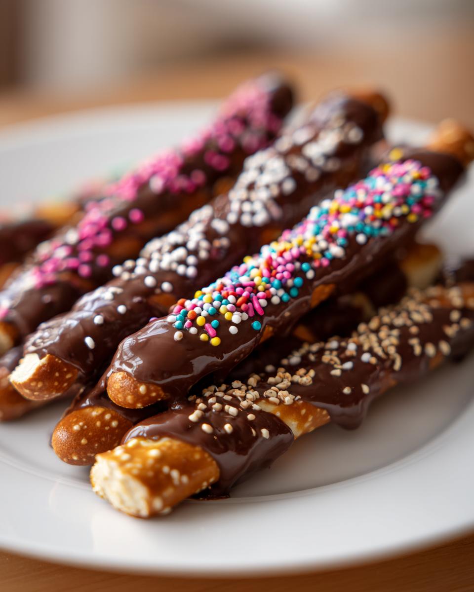 Pretzel sticks dipped in chocolate with colorful sprinkles on a white plate, Easter chocolate dipped treats