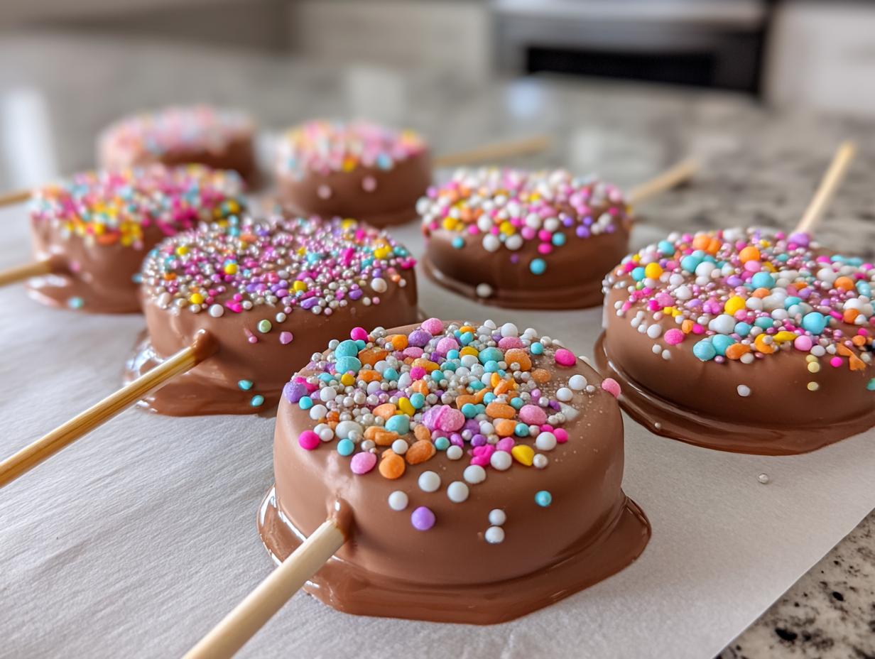 Close-up of Easter chocolate lollipops covered in colorful sprinkles on parchment paper.