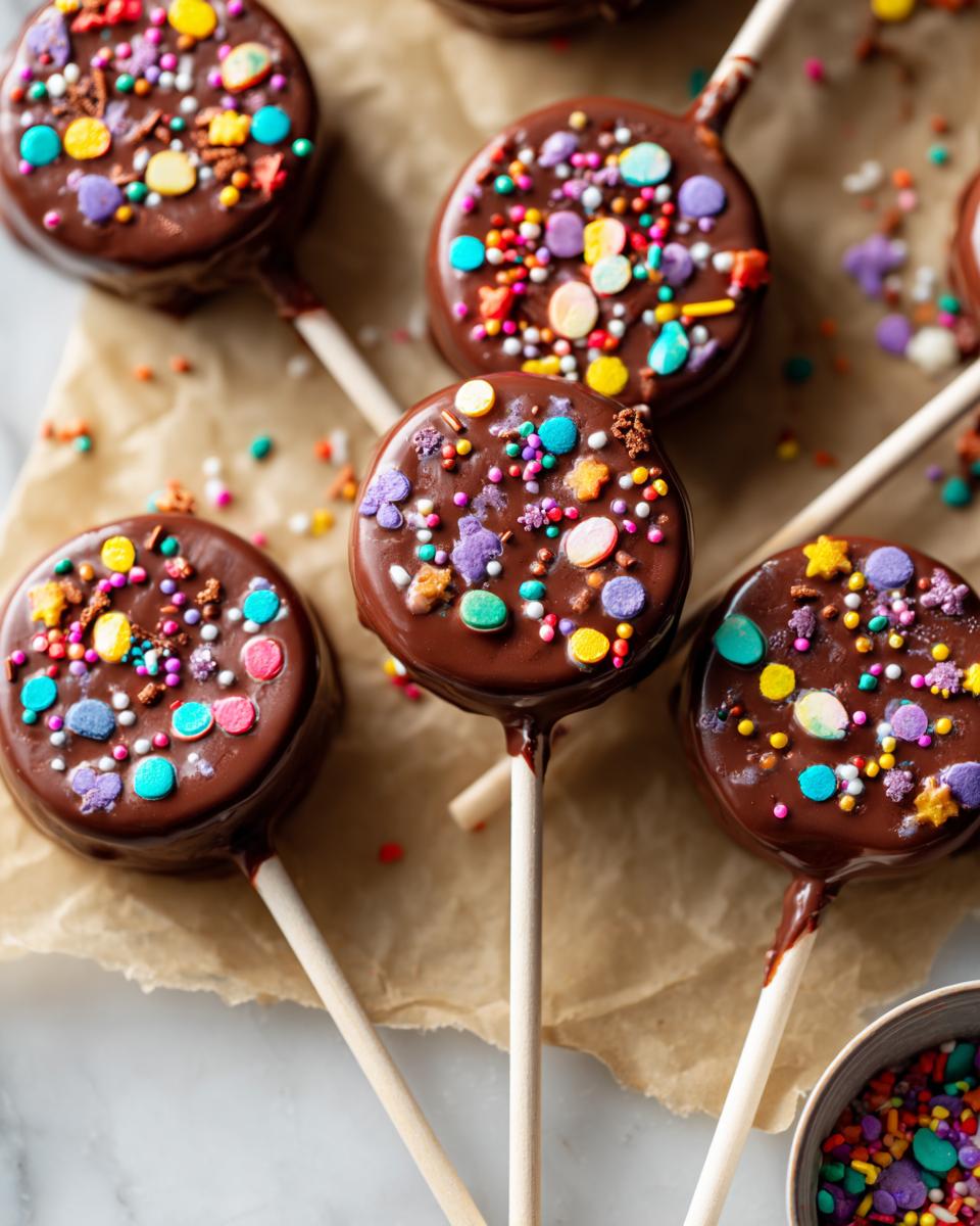Close-up of Easter chocolate lollipops decorated with colorful sprinkles on parchment paper.