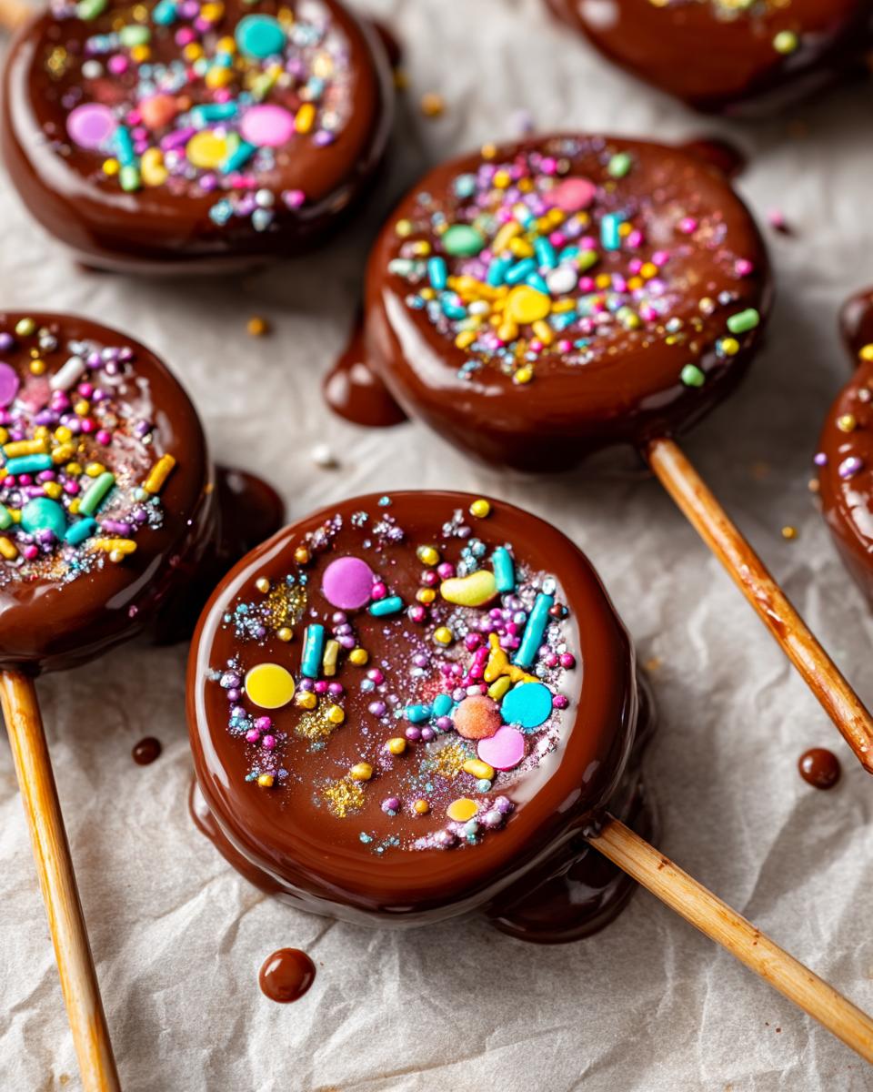 Close-up of Easter chocolate lollipops decorated with colorful sprinkles on parchment paper.