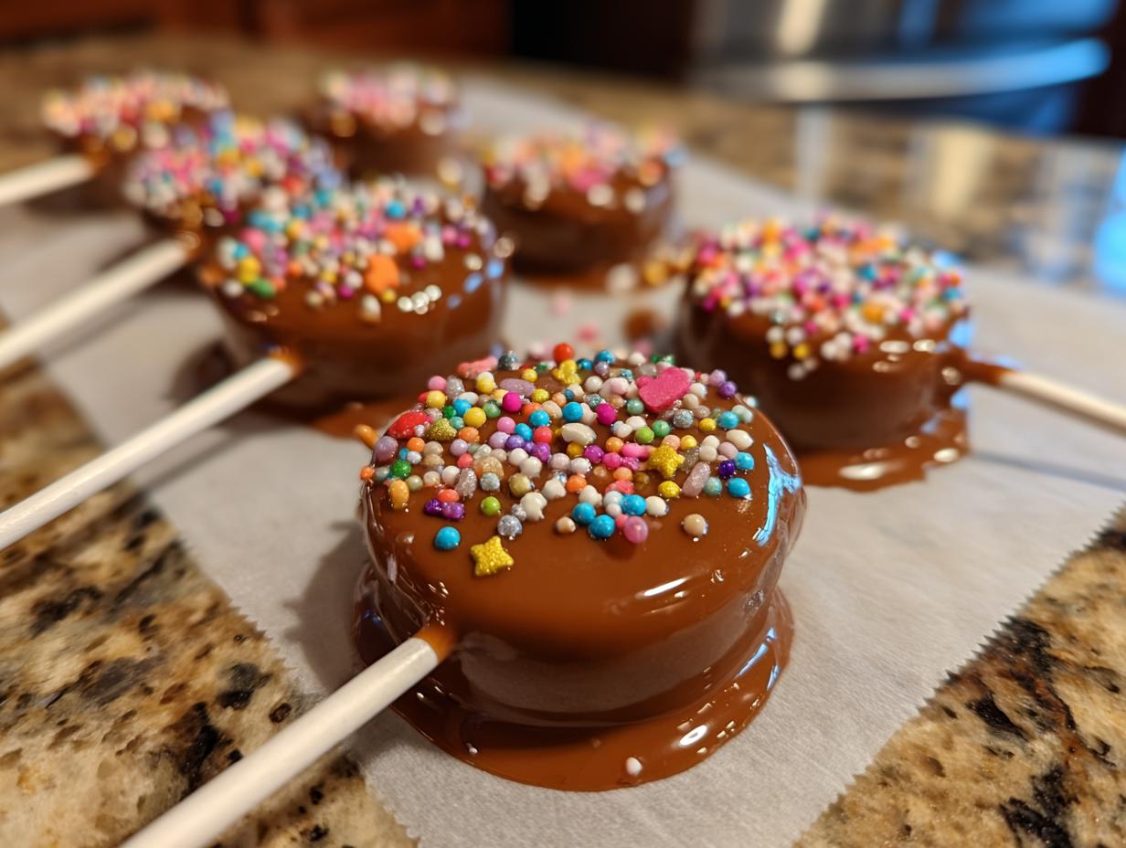 Close-up of Easter chocolate lollipops covered in colorful sprinkles on parchment paper.