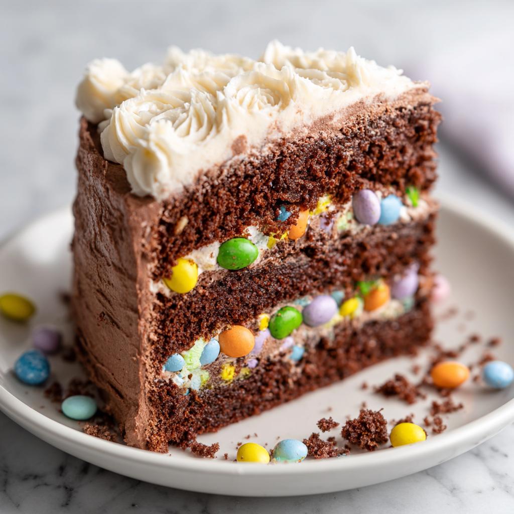 Close-up of a slice of Easter chocolate pinata cake with colorful candy filling and creamy frosting