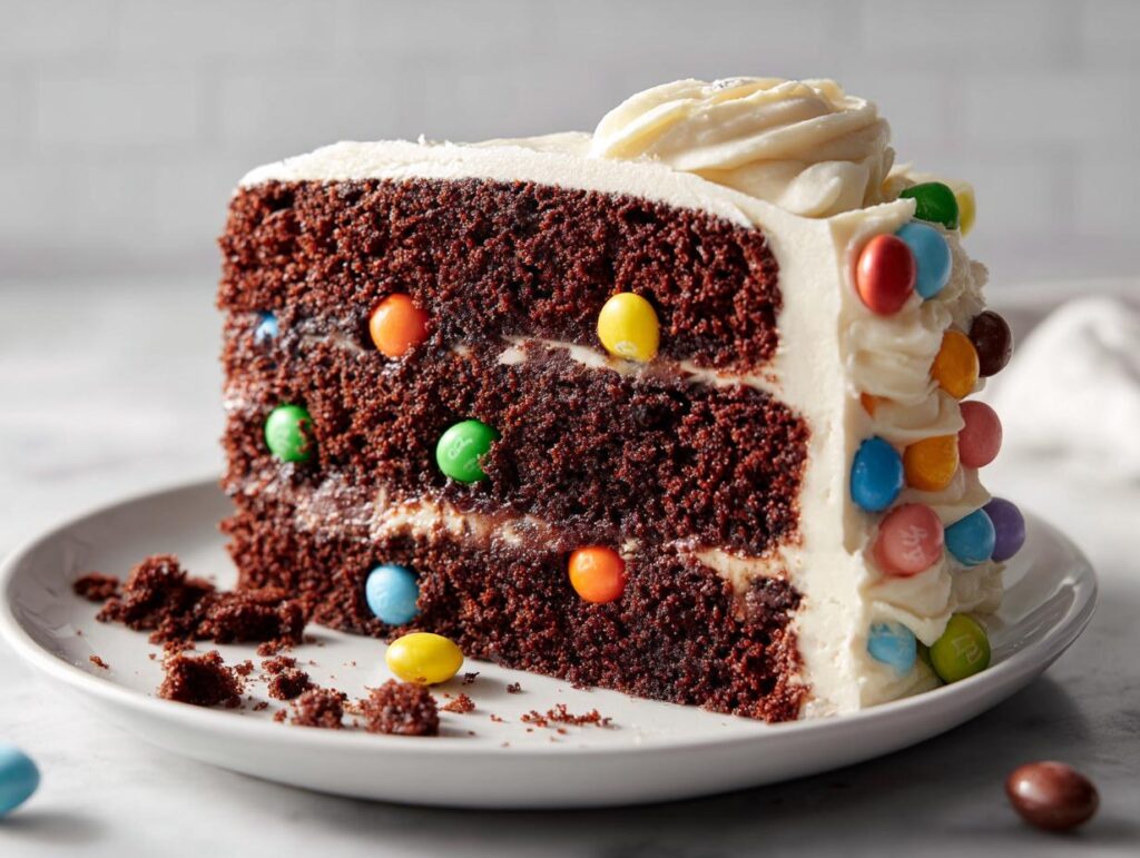Close-up of a slice of Easter chocolate pinata cake decorated with colorful candy-coated chocolates.