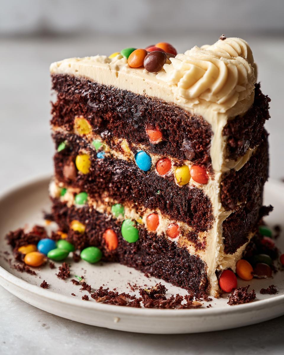 Close-up of a slice of Easter chocolate pinata cake with colorful candy pieces inside and frosting on top.
