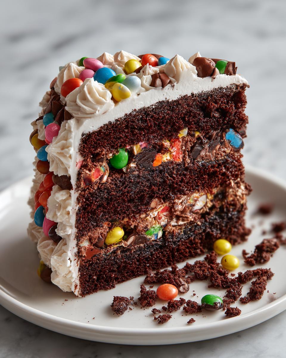 Close-up of a slice of Easter chocolate pinata cake with colorful candy pieces inside and white frosting.
