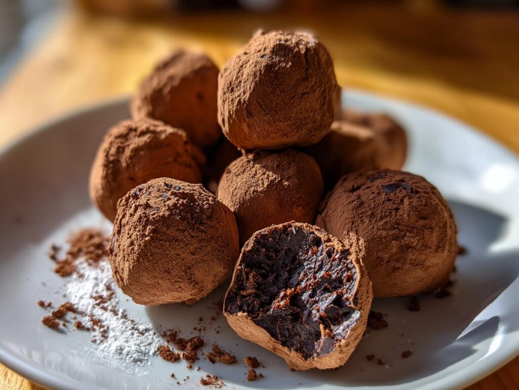 Close-up of cocoa-dusted Easter chocolate truffles with one cut open showing creamy interior.