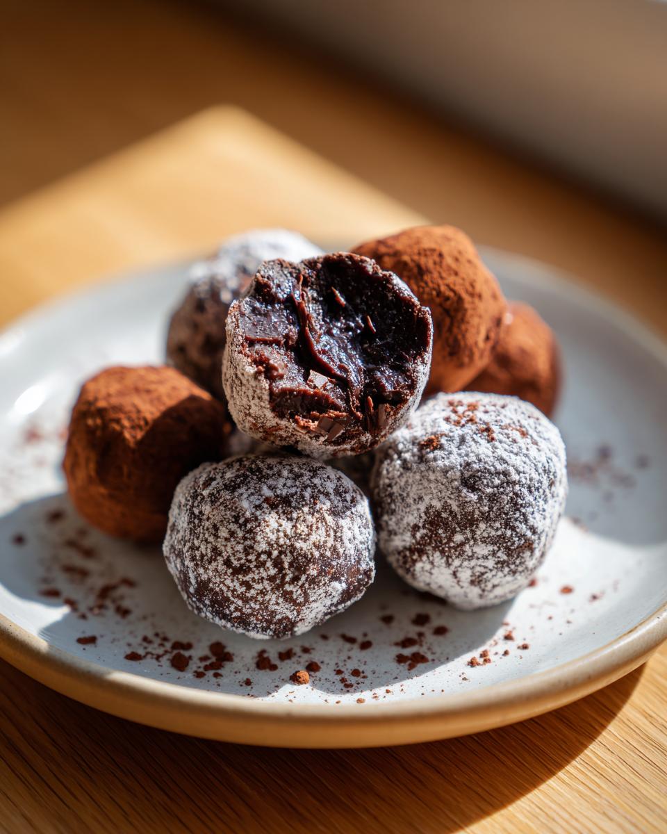 Plate of Easter chocolate truffles coated in cocoa powder and powdered sugar with one truffle bitten