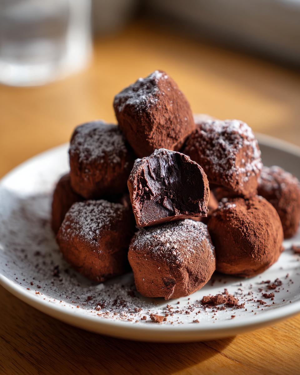 Plate of Easter chocolate truffles dusted with cocoa powder and powdered sugar, one truffle bitten.