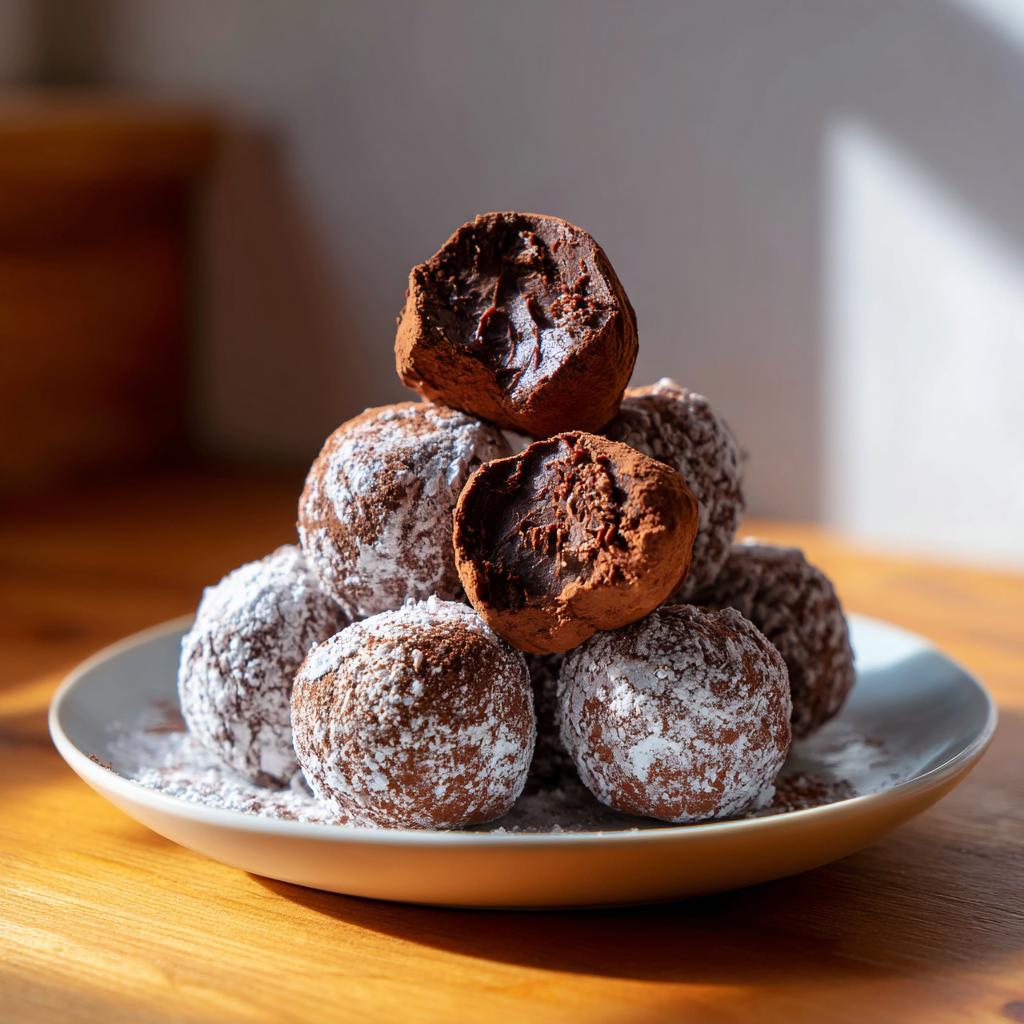 A stack of Easter chocolate truffles dusted with powdered sugar on a white plate.
