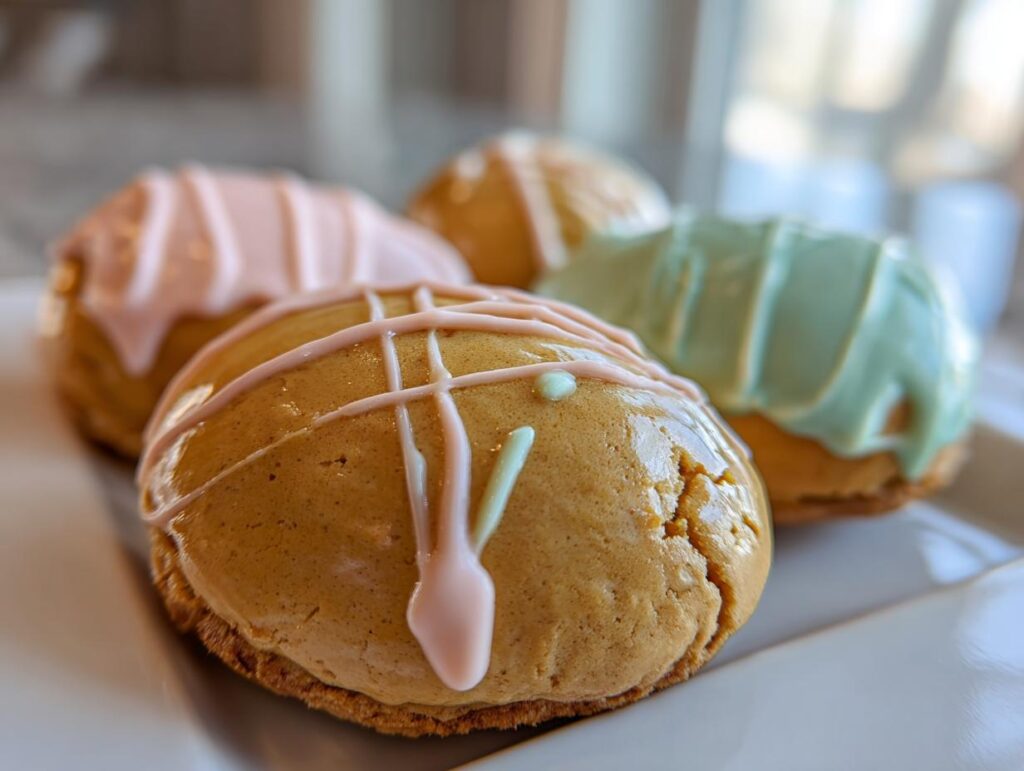 Close-up of Easter cookie dough eggs decorated with pastel pink and blue icing drizzle on a white plate.