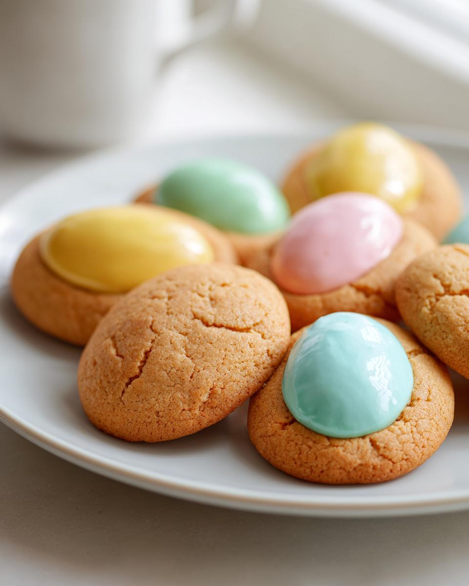 Plate of Easter cookie dough eggs with pastel colored egg-shaped toppings in yellow, pink, green, and blue.