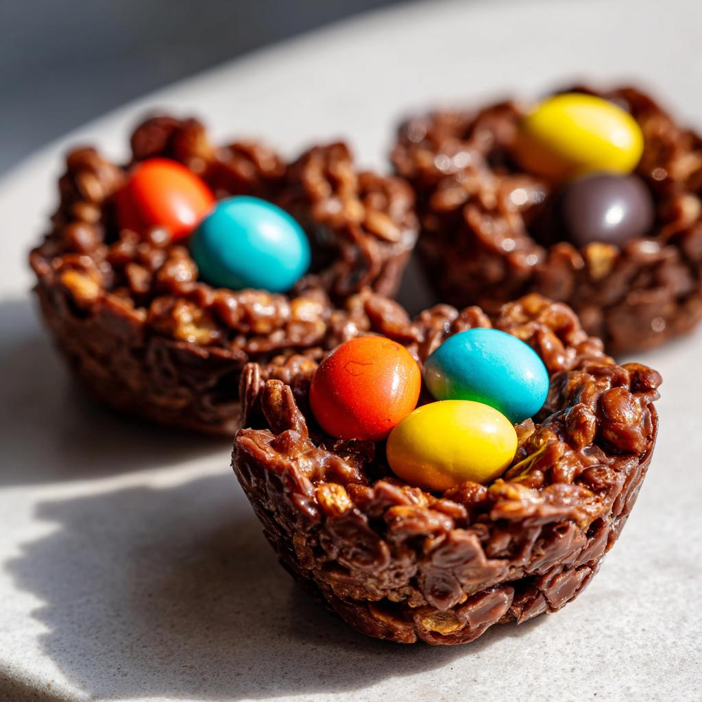 Close-up of Easter crispy chocolate nests filled with colorful candy eggs on a light surface.