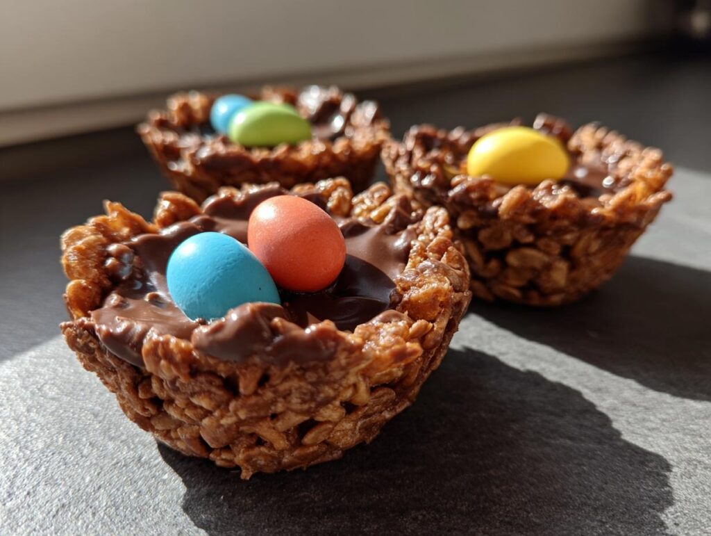 Close-up of Easter crispy chocolate nests filled with colorful candy eggs on a dark surface.