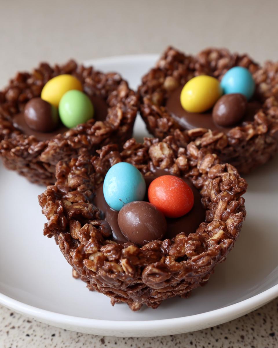 Three Easter crispy chocolate nests filled with colorful candy eggs on a white plate.