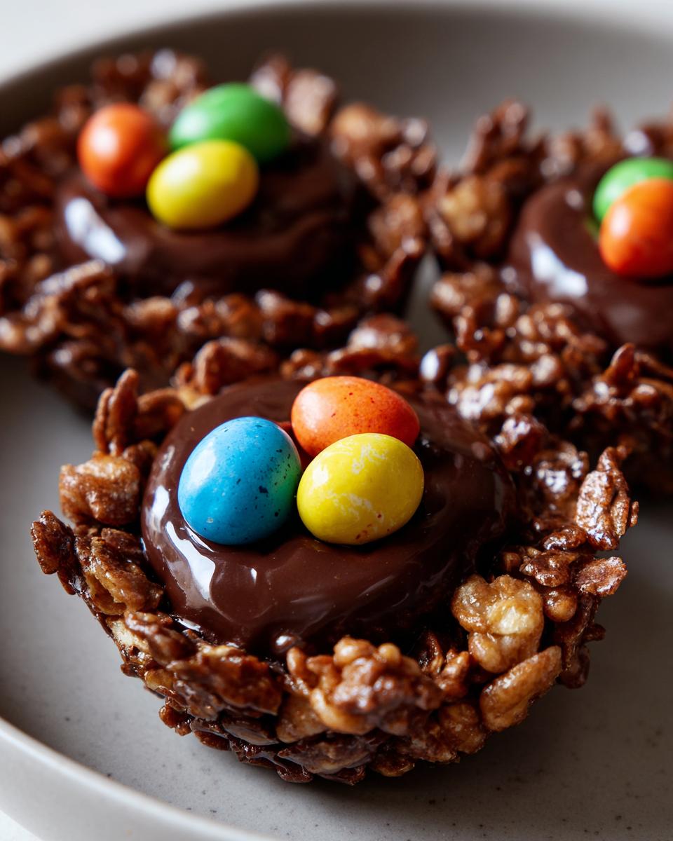 Close-up of Easter crispy chocolate nests topped with colorful candy eggs on a plate.