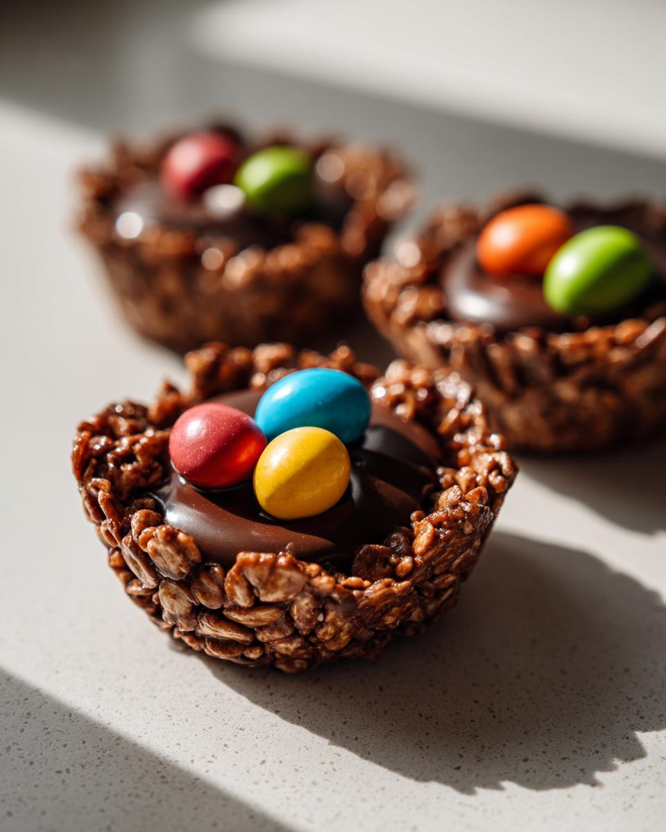 Easter crispy chocolate nests topped with colorful candy eggs on a light surface