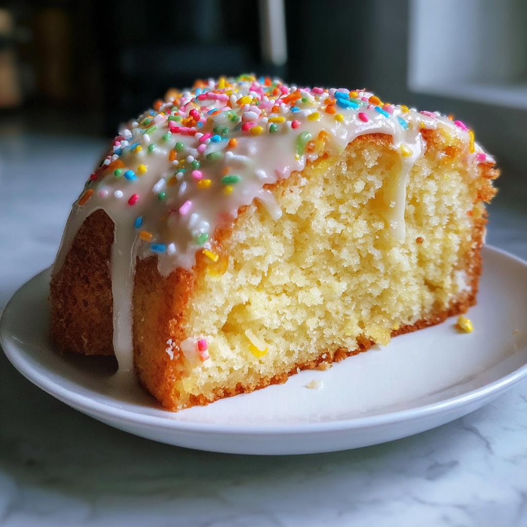 Close-up of a slice of Easter dessert cake with white icing and colorful sprinkles on a white plate.