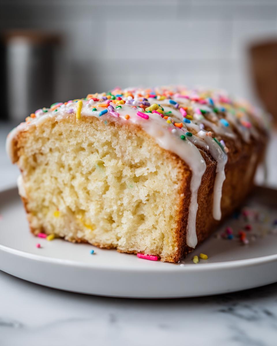 Slice of funfetti cake with white icing and colorful sprinkles on a white plate.