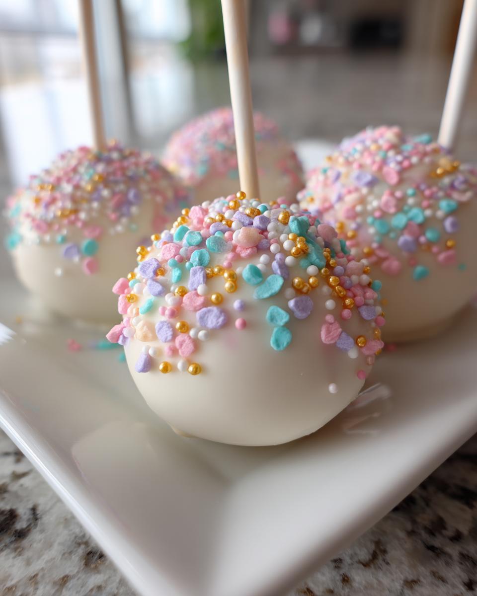 Close-up of Easter egg cake pops decorated with pastel and gold sprinkles on white coating.