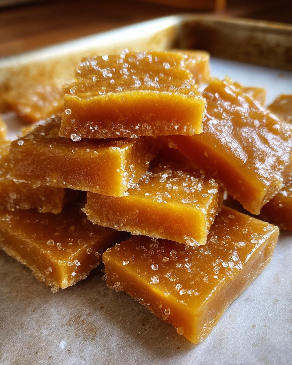 Close-up of golden brown salted caramel candy squares sprinkled with coarse salt.
