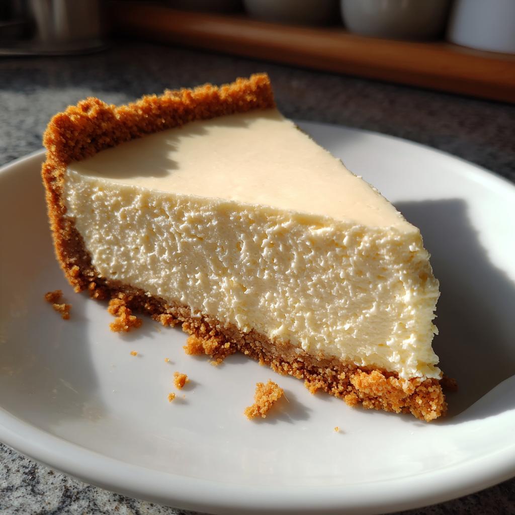 Close-up of a creamy slice of cheesecake with a graham cracker crust on a white plate
