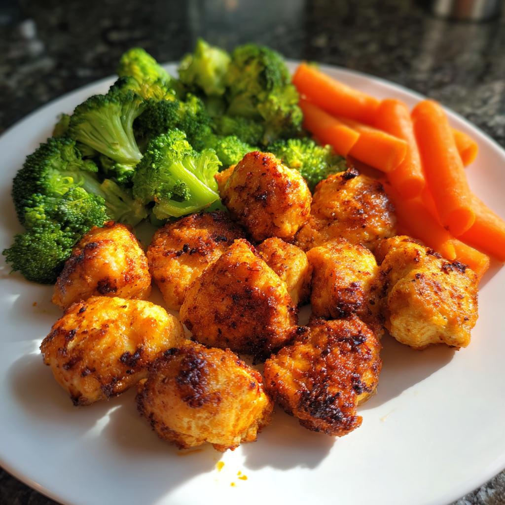 Plate of easy chicken dinner recipes featuring crispy chicken bites with broccoli and baby carrots