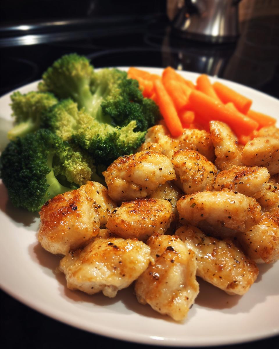 Plate of seasoned cooked chicken pieces with steamed broccoli and carrots, easy chicken dinner recipes