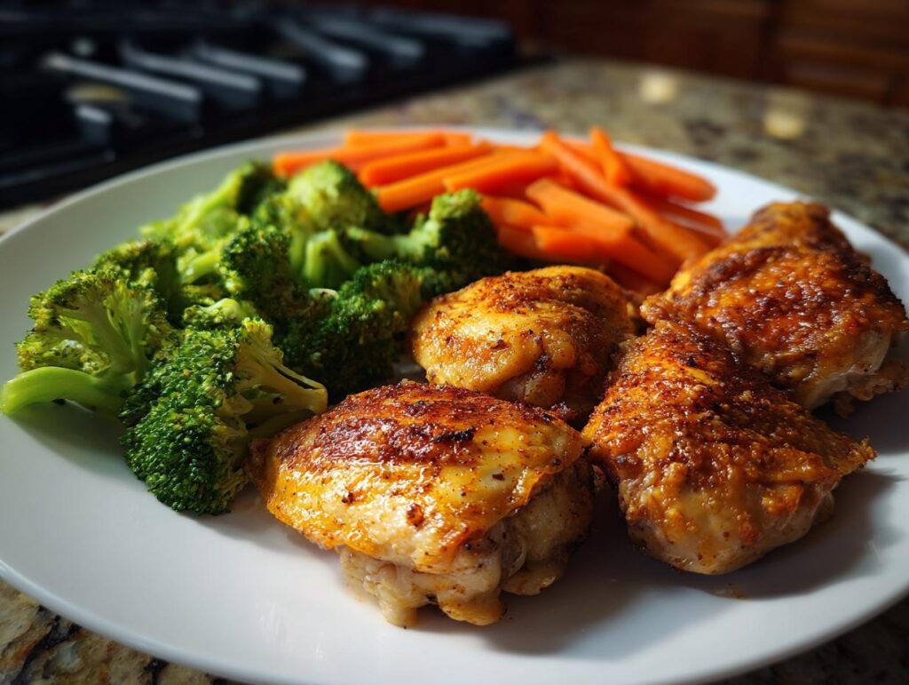 Plate of seasoned baked chicken thighs with steamed broccoli and carrot sticks, an easy chicken dinner recipes meal.