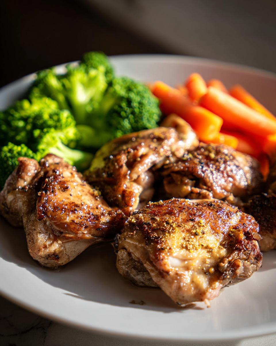 Plate of seasoned grilled chicken thighs with steamed broccoli and carrots, an easy chicken dinner recipes option.