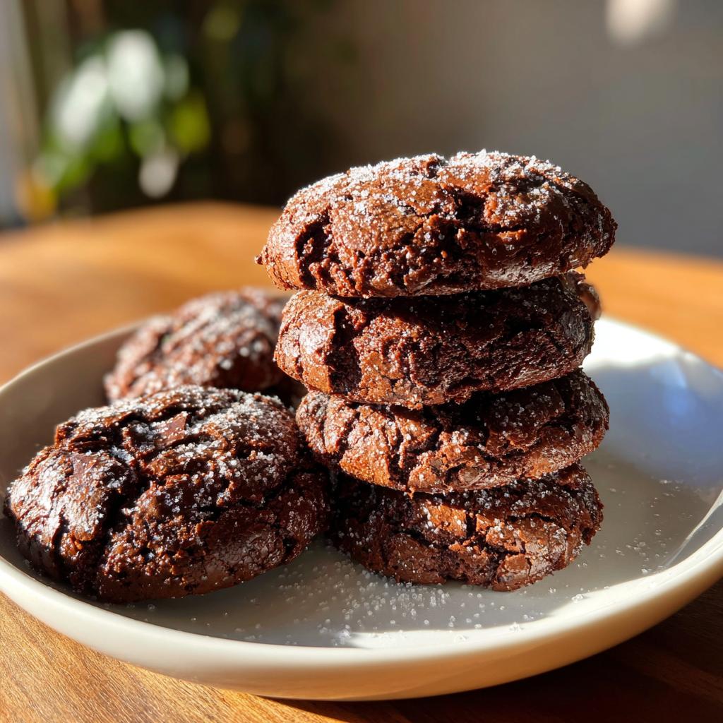 Close-up of a stack of easy chocolate cookies dusted with powdered sugar on a white plate.