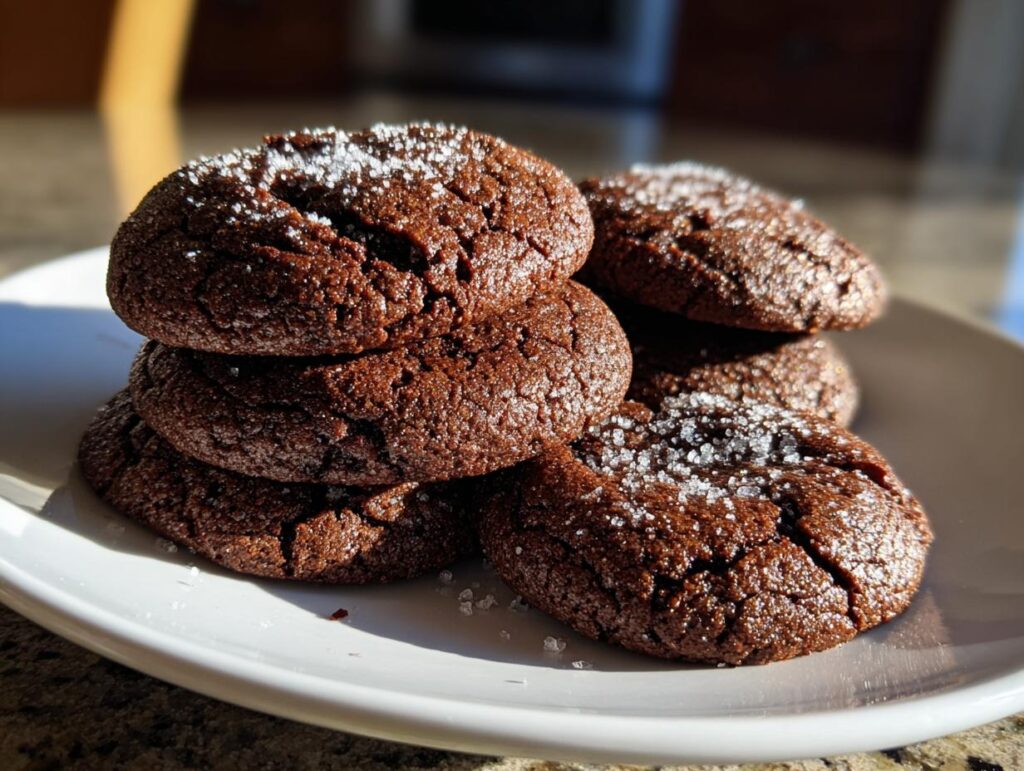 Close-up of a stack of easy chocolate cookies sprinkled with sugar on a white plate.