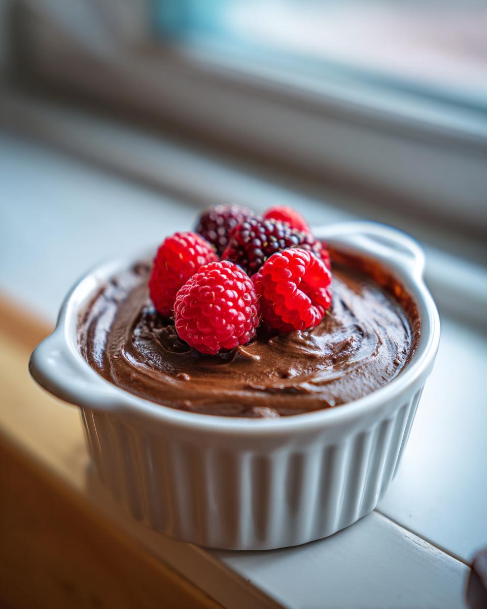 Creamy easy chocolate dessert topped with fresh raspberries and blackberries in a white ramekin