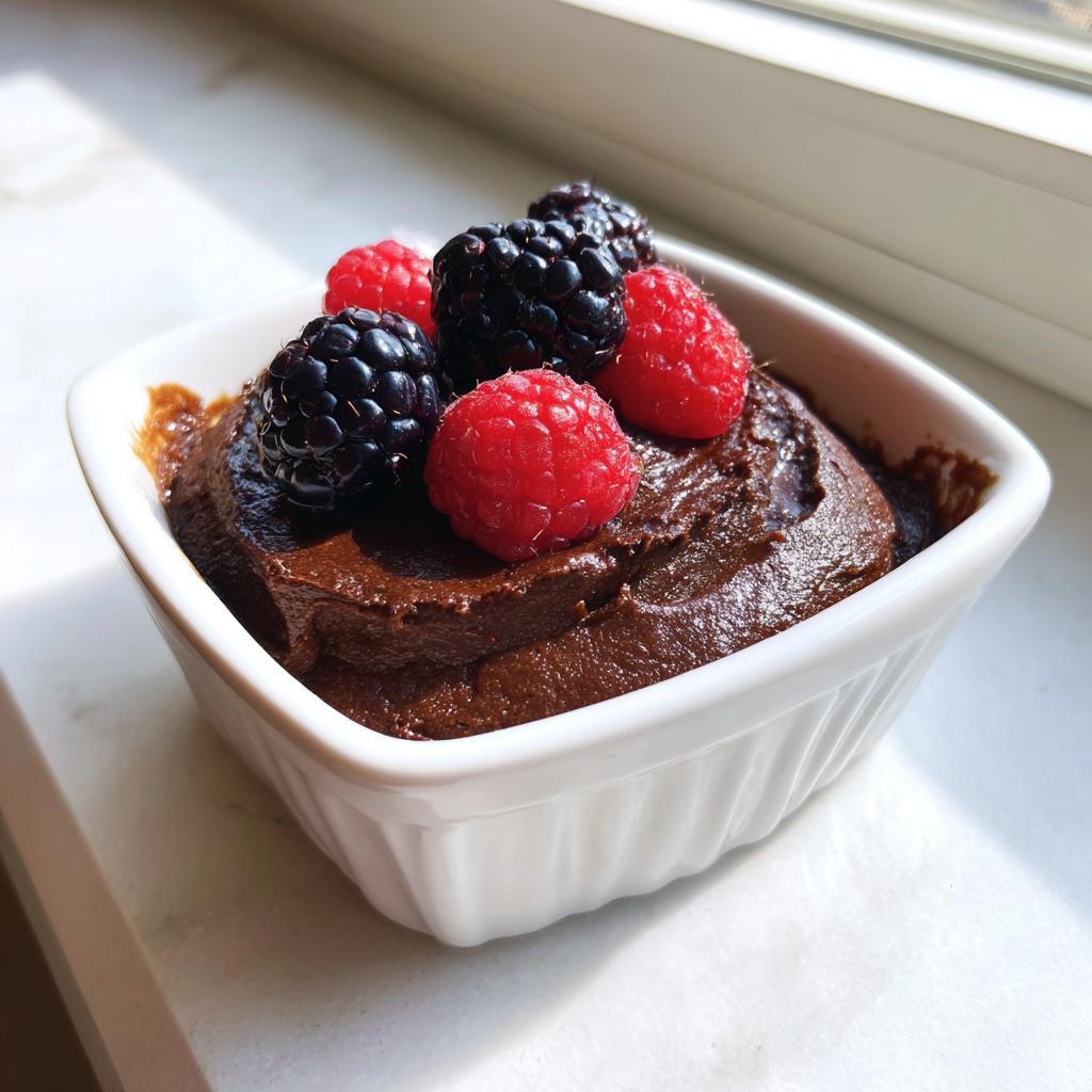 Rich chocolate dessert in a white ramekin topped with fresh raspberries and blackberries.
