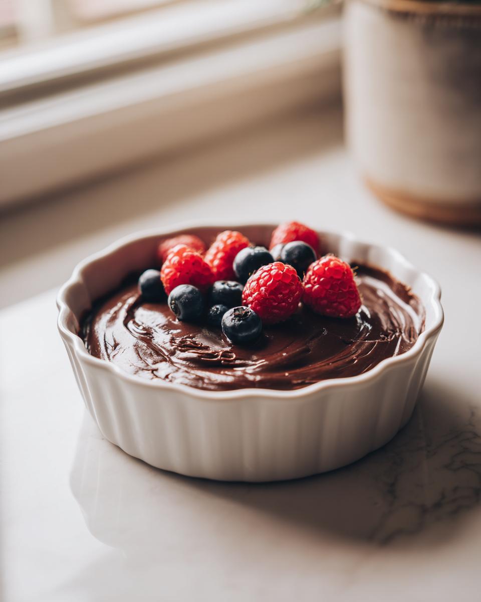 White dish with smooth easy chocolate dessert topped with raspberries and blueberries