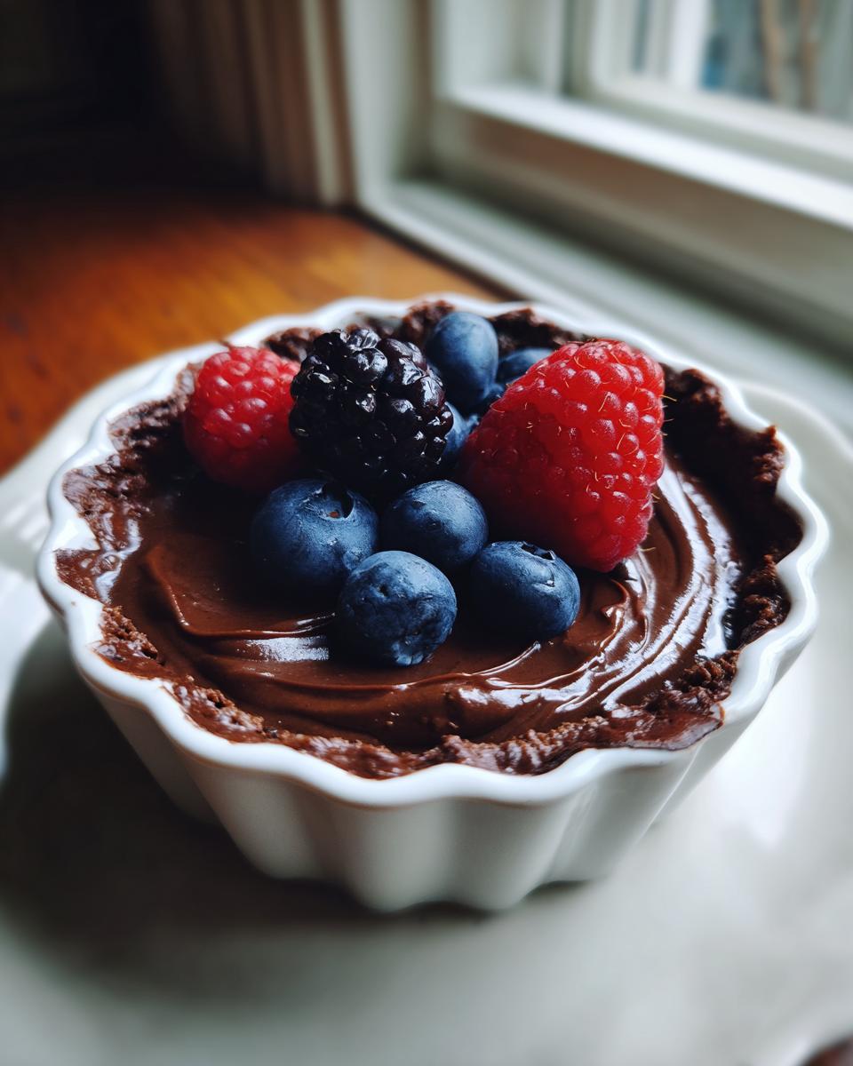 Chocolate dessert topped with fresh raspberries, blueberries, and blackberry in a white ramekin