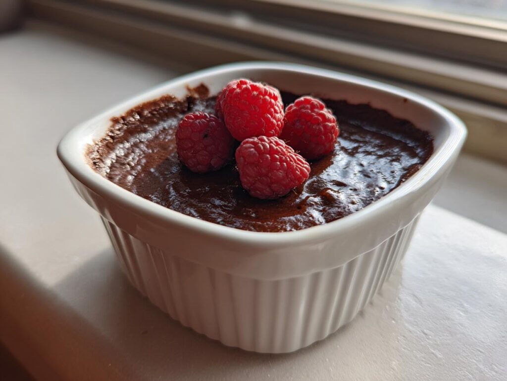 White ramekin filled with easy chocolate dessert topped with fresh raspberries