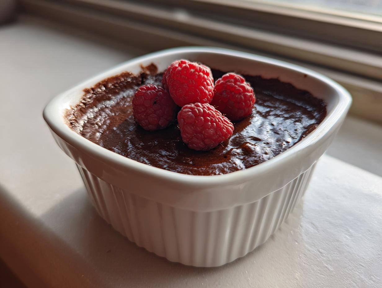 White ramekin filled with easy chocolate dessert topped with fresh raspberries
