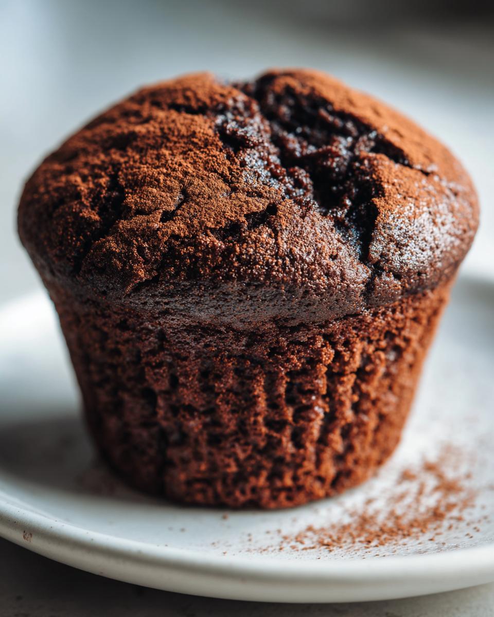 Close-up of a moist easy chocolate muffin dusted with cocoa powder on a white plate.