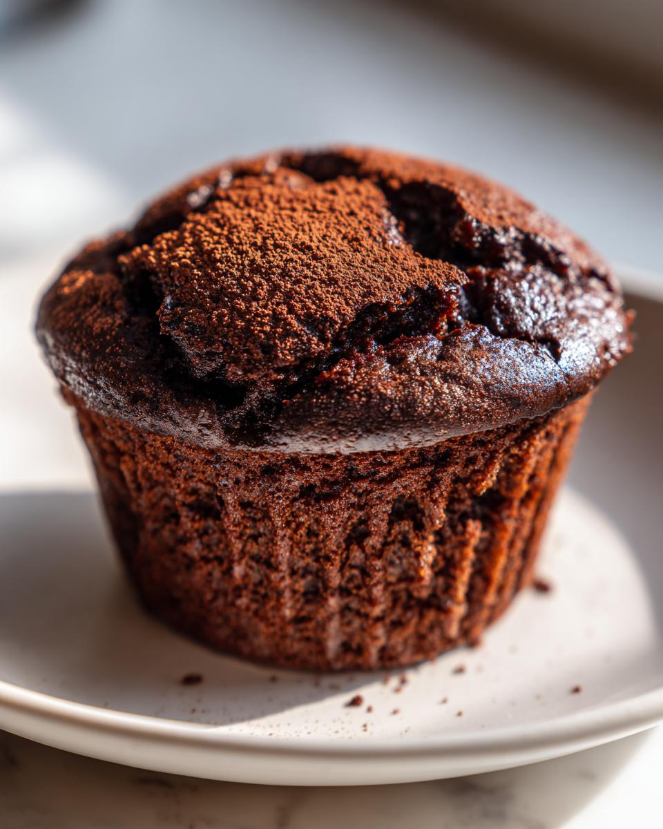 Close-up of a moist easy chocolate muffin dusted with cocoa powder on a white plate.