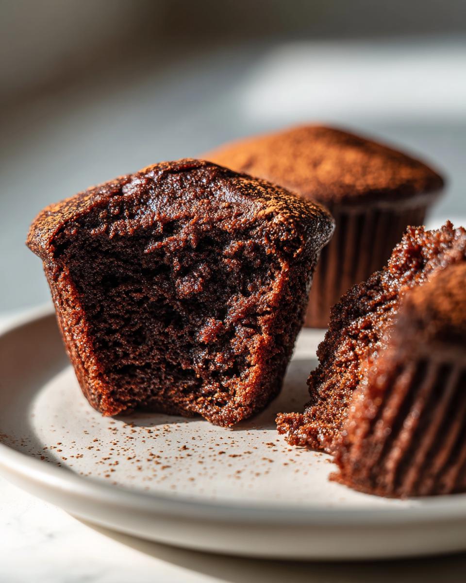 Close-up of moist easy chocolate muffins on a white plate with cocoa powder dusting.