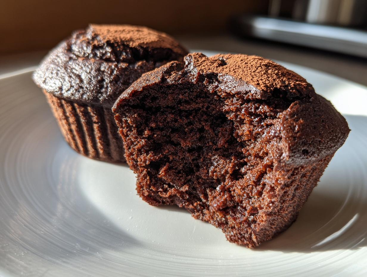 Two easy chocolate muffins on a white plate, one with a bite taken out showing moist texture.