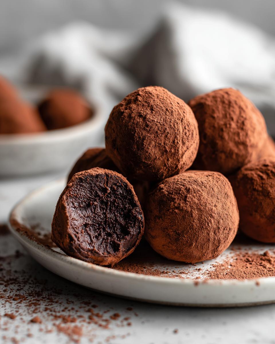 Plate of easy chocolate truffles dusted with cocoa powder with one truffle cut open