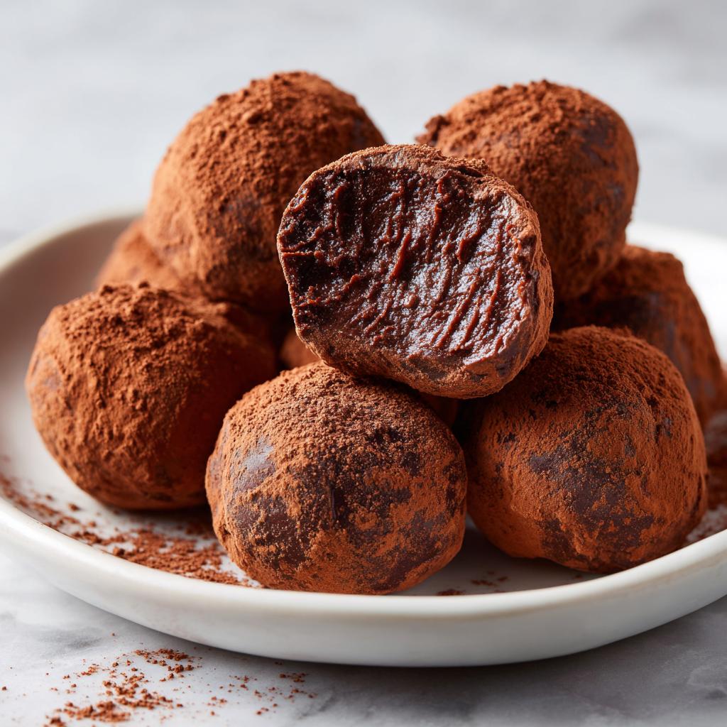 Close-up of easy chocolate truffles dusted with cocoa powder on a white plate.