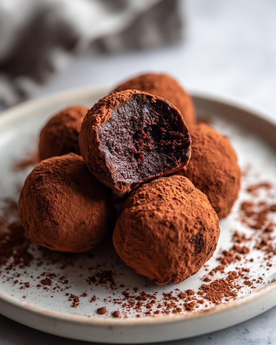 Close-up of easy chocolate truffles dusted with cocoa powder on a white plate.