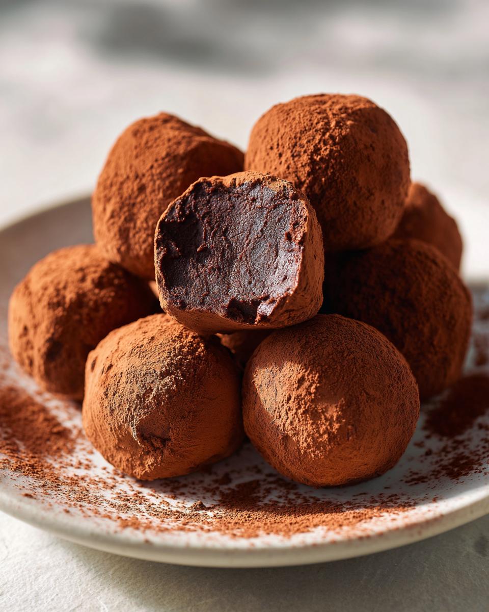 Close-up of easy chocolate truffles coated in cocoa powder on a white plate.