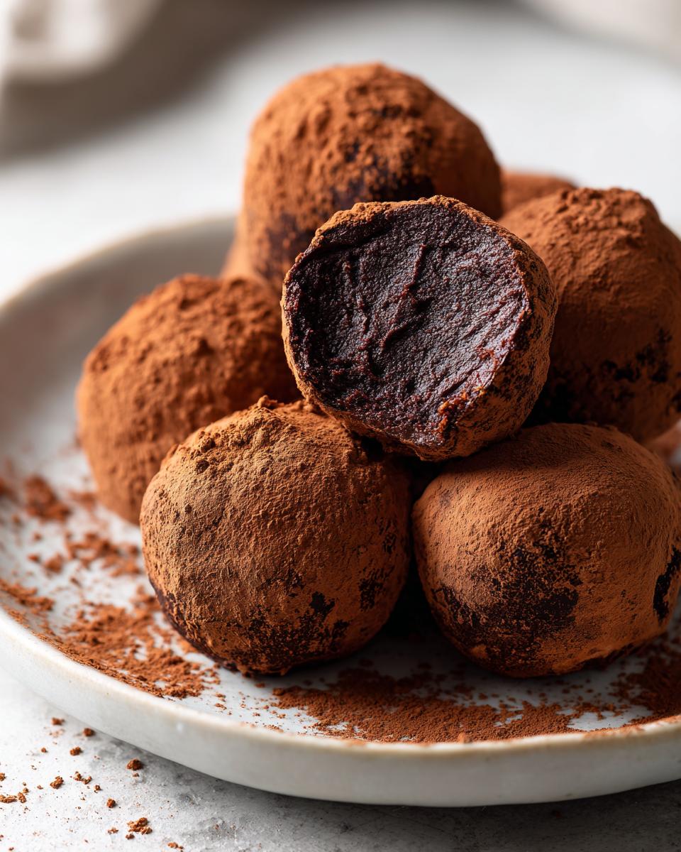 Close-up of easy chocolate truffles coated in cocoa powder on a white plate