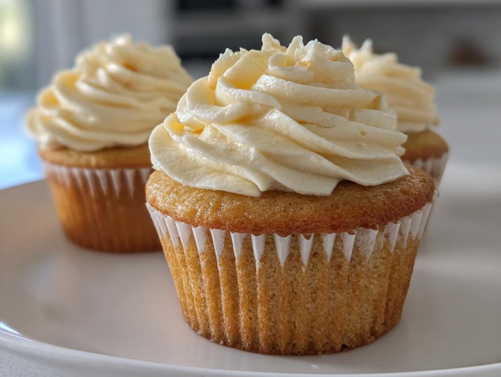 Close-up of vanilla cupcakes with creamy frosting, showcasing easy cupcake recipes