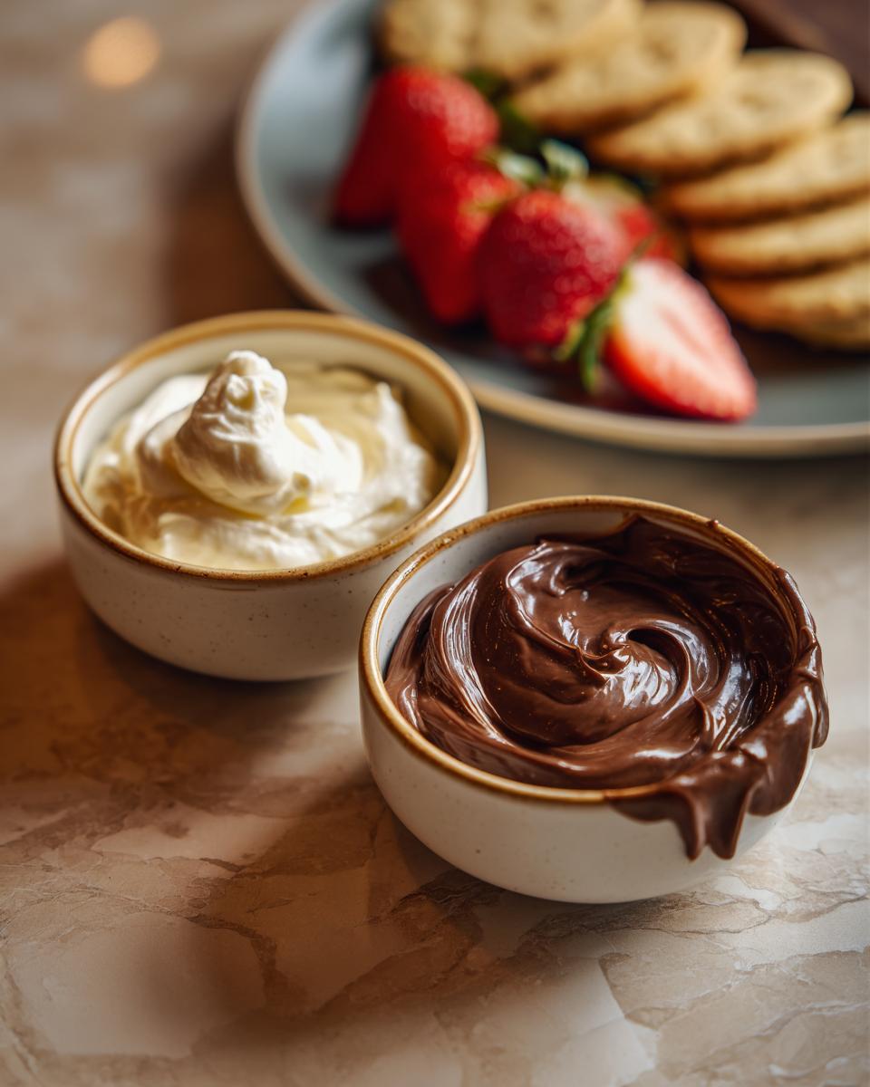 Two bowls of easy dessert dips, one chocolate and one cream, with strawberries and crackers in background.